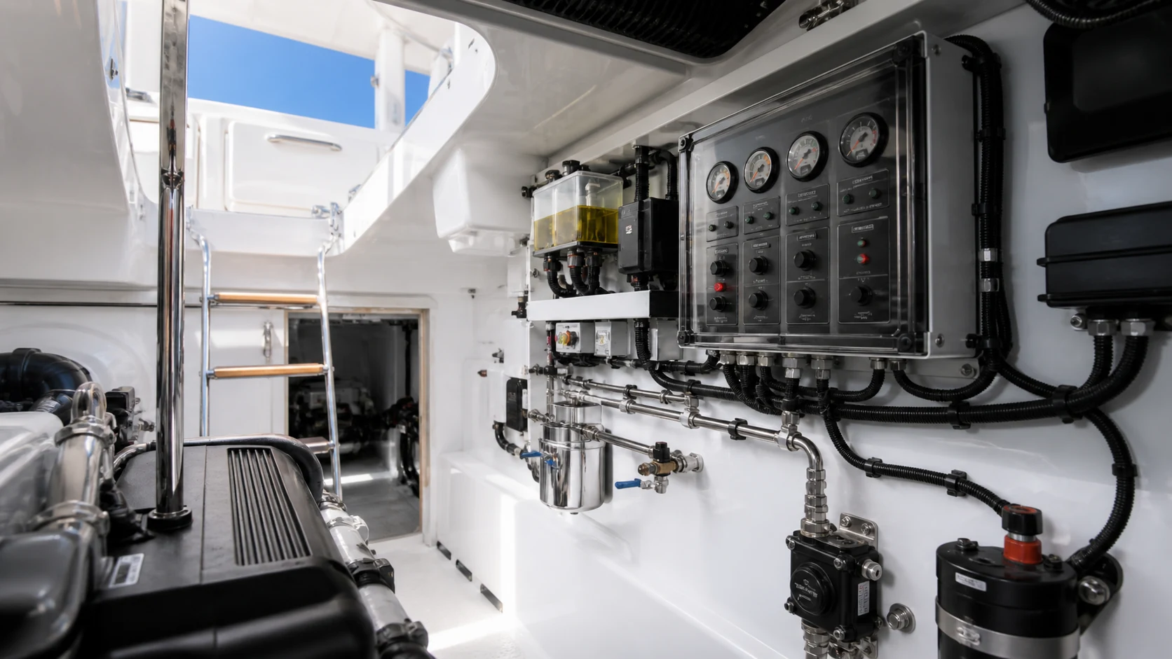Accessible marine fire-system controls in a Palm Beach sportfishing boat machinery space