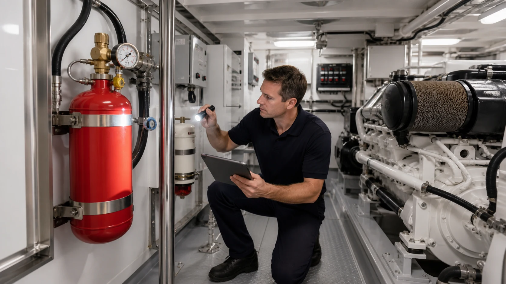 Marine generator-room equipment prepared for fire protection inspection