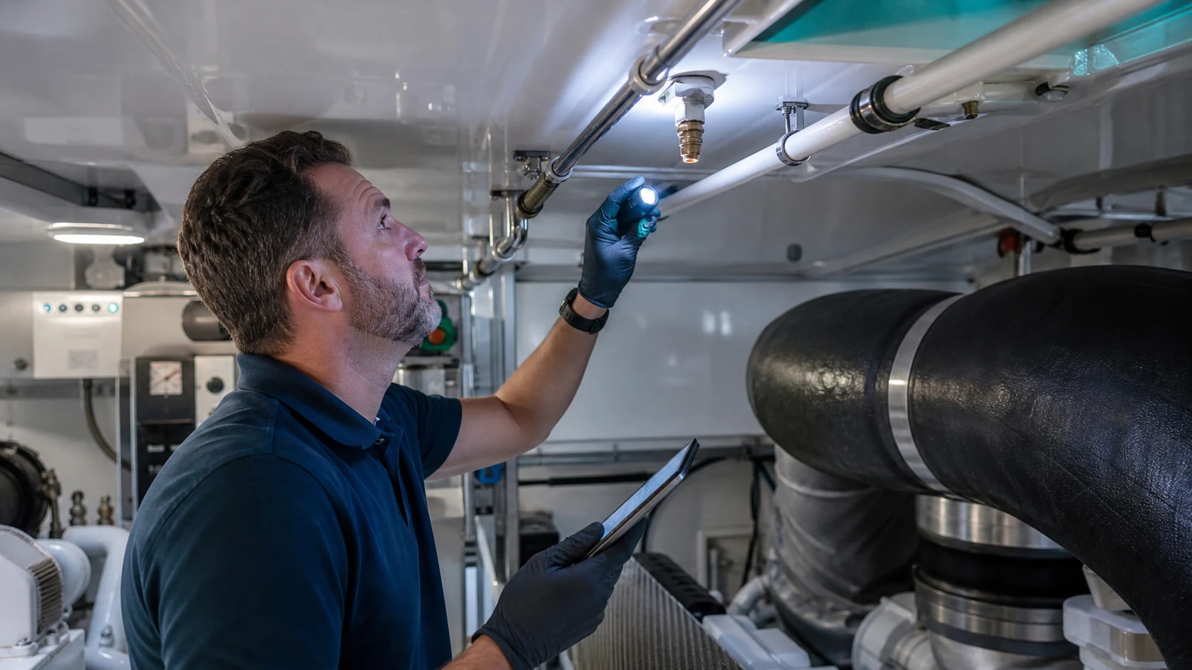 Marine fire suppression nozzle and piping components in a vessel machinery space